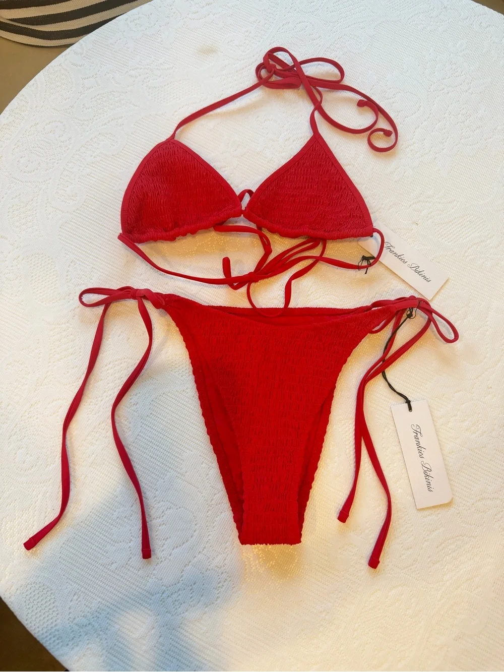 Frankie's Bikinis Red Smocked Bikini